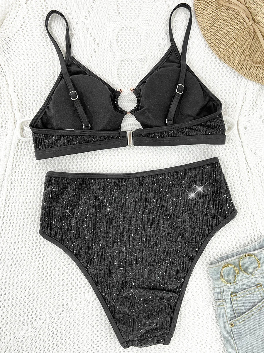Glitter Sparkling Cut Out Female Swimsuit High Waist Bikini Women Swimwear Two-pieces Bikini Set Trend Bathing Suit Swim Lady