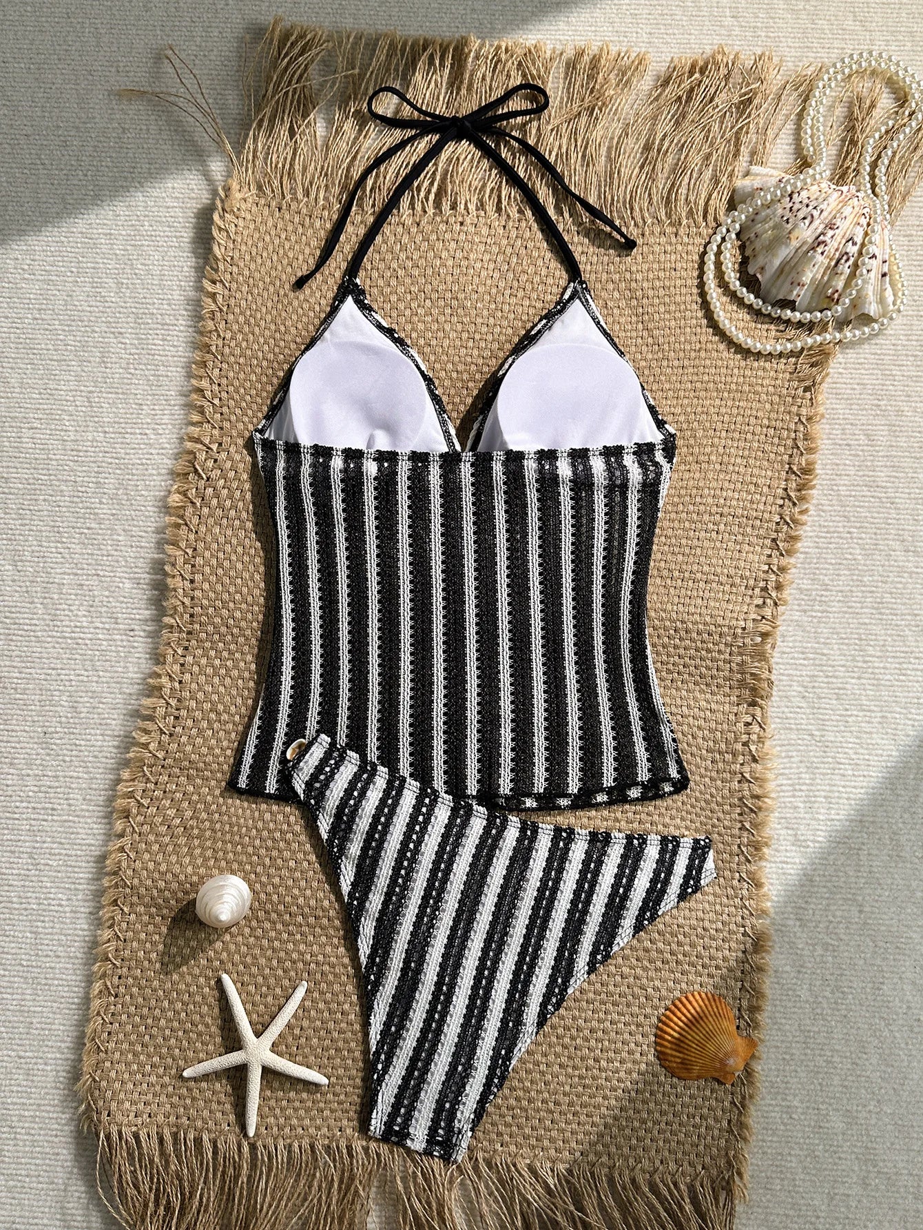 Vintage Red Striped Two Piece Bikini Set 2026 Women Shell Starfish V Neck Top High Waist Swimsuit Beach Bathing Suit Swimwear