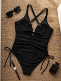 Sexy Black Drawstring Side One Piece Swimsuit 2026 Women V Neck Mesh Patchwork Slim Tummy Control Bathing Suit Holiday Swimwear