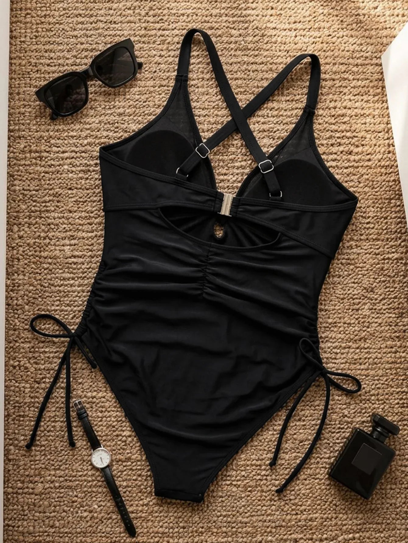 Sexy Black Drawstring Side One Piece Swimsuit 2026 Women V Neck Mesh Patchwork Slim Tummy Control Bathing Suit Holiday Swimwear