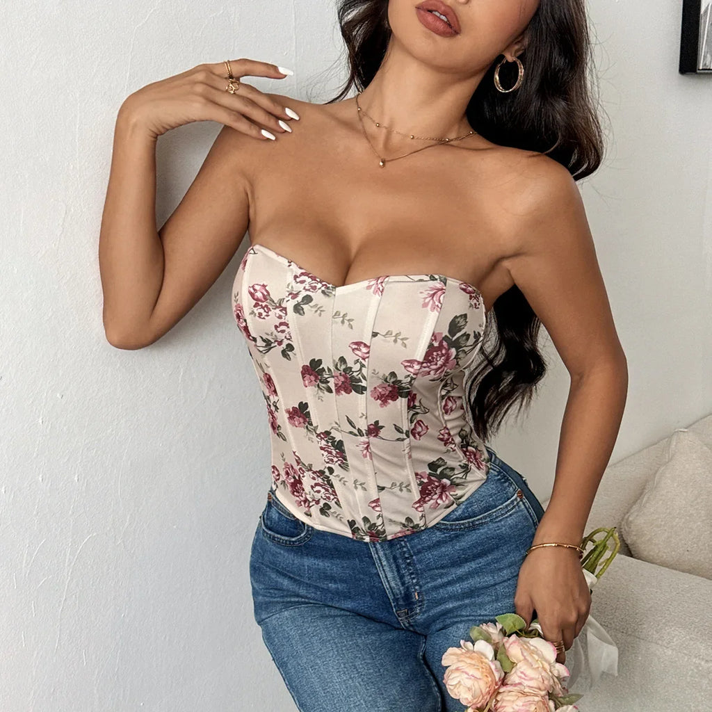 Summer Women Floral Y2K Crop Tops Printed Sleeveless Fishbone Corset Woman Sexy Backless Slim Strapless Streetwear Camisole