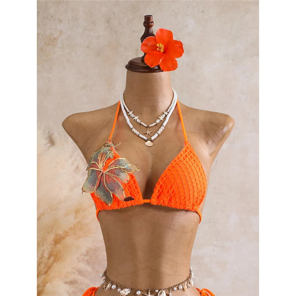 With Skirt 3D Flower Halter Bikini Women Swimwear Female Swimsuit Three-Pieces Bikini Set Padded Bather Bathing Suit Swim  V8346
