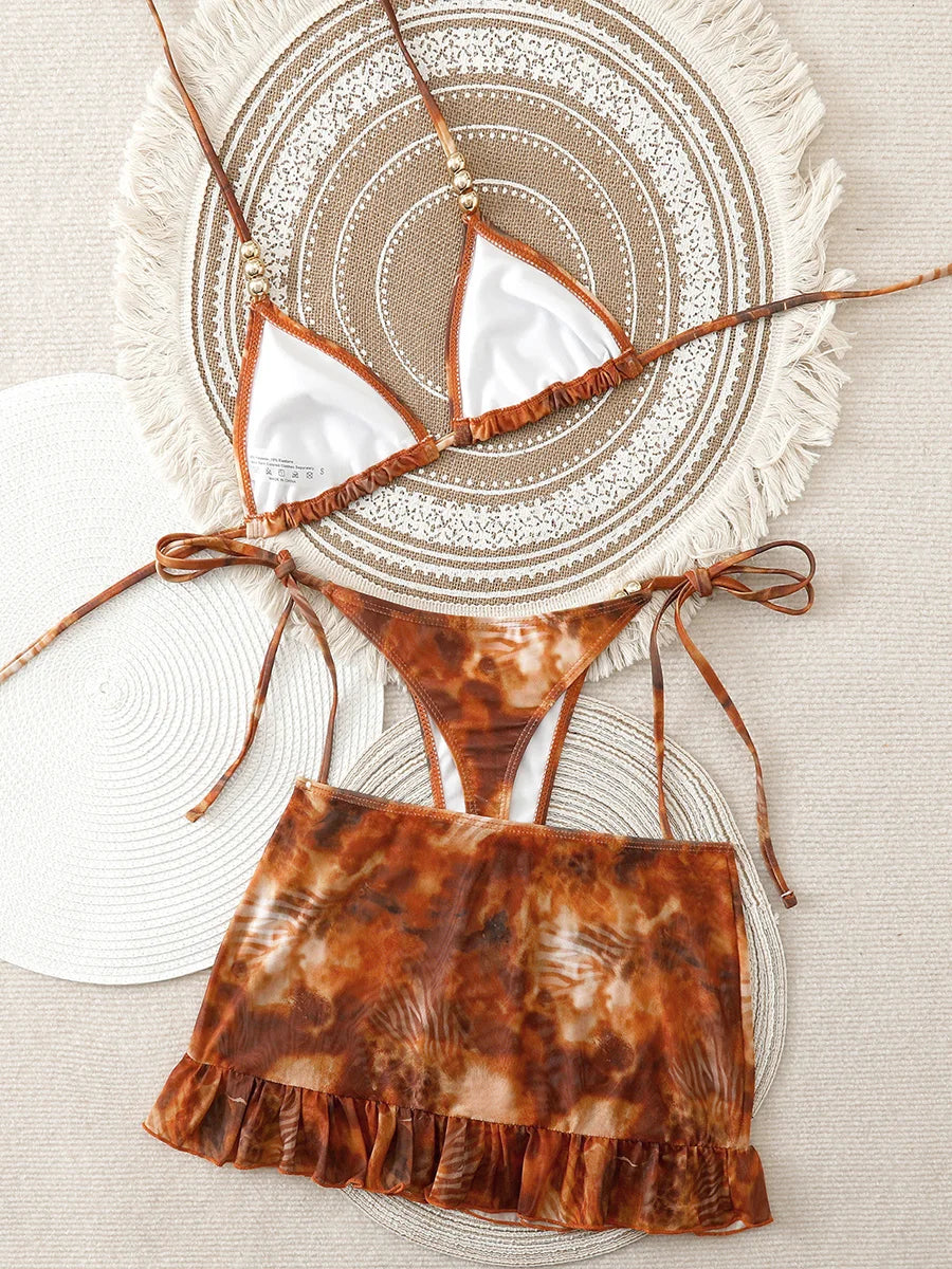 With Skirt Print Halter Micro Thong Bikini Female Swimsuit Women Swimwear Three-pieces Bikini Set Bathing Suit Swim Beachwear
