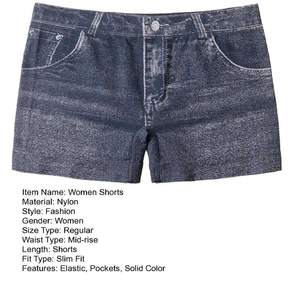 Denim Shorts Women Shorts High Stretchy Imitation Denim Short Leggings with Pockets Tight Fitting Summer Shorts