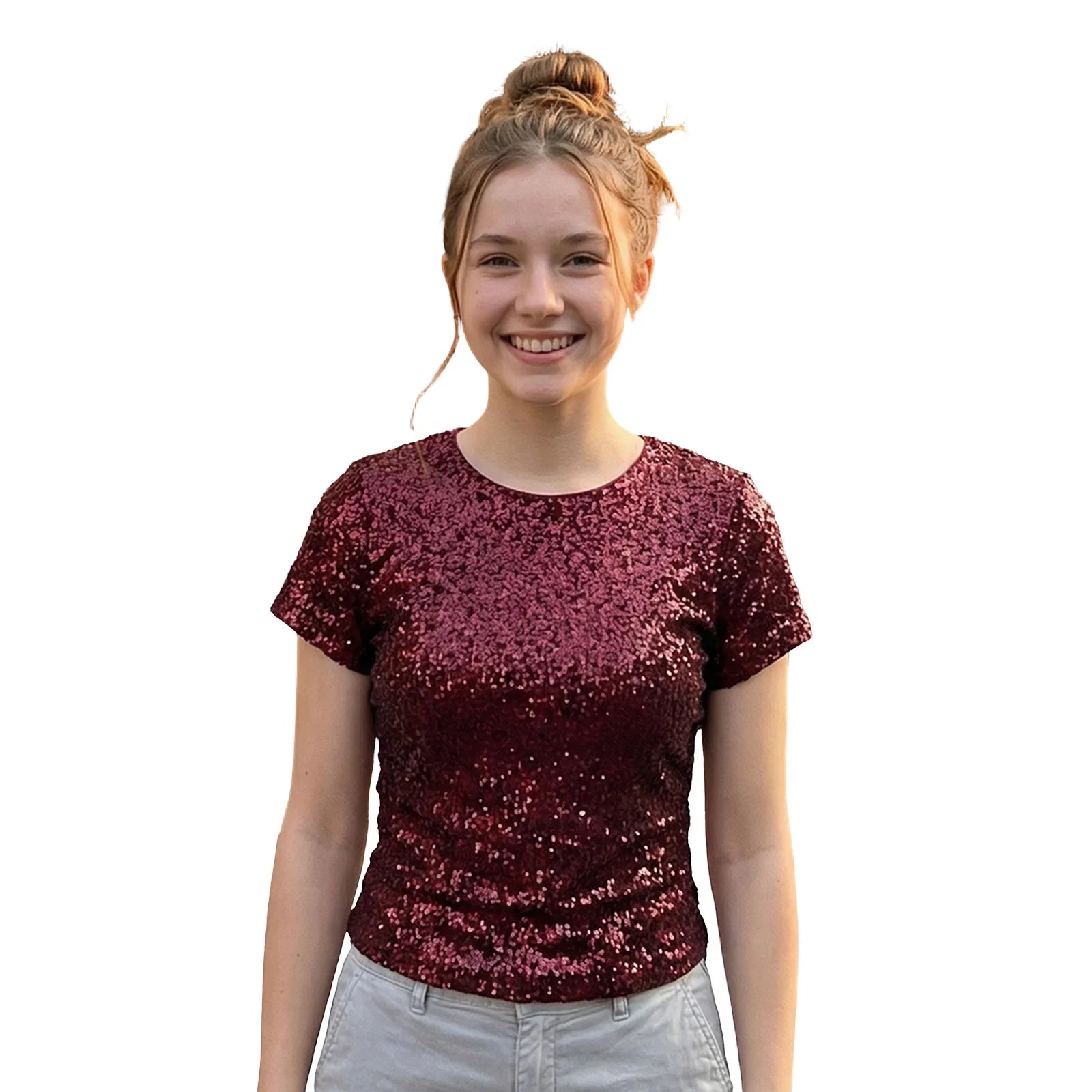 Women's Summer Solid Color Basic T Shirts Stylish Sequin Short Sleeve Round Neck Crop Tops for Casual Daily Wear