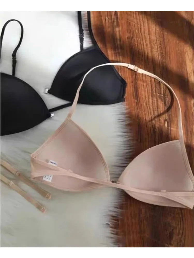 MOYISU French Triangle Cup Underwear Women's Thin Straps Beautiful Back Halter Invisible Front Buckle Bra Thin Seamless Bra