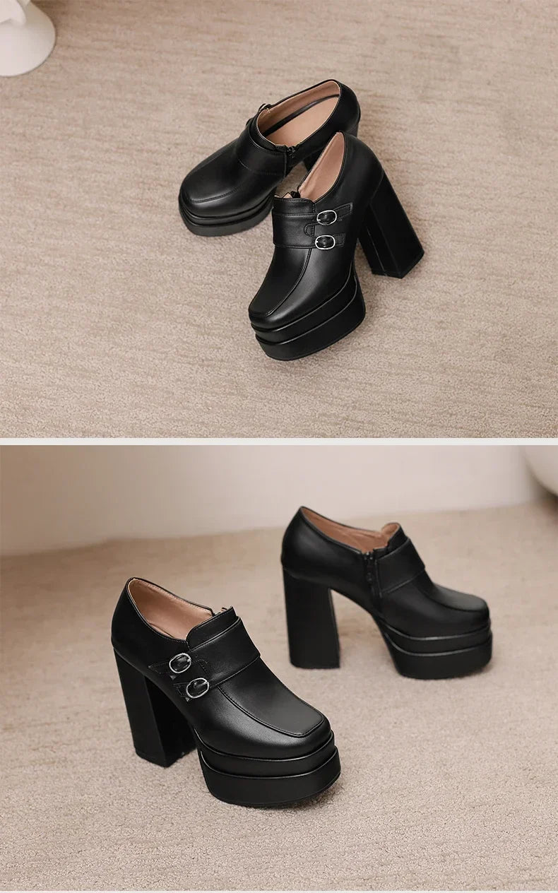 Plus Size Double Row Small Buckle Side Zipper Square Toe Double Layer Platform High Thick Heel Women's Pumps Shallow High Heels
