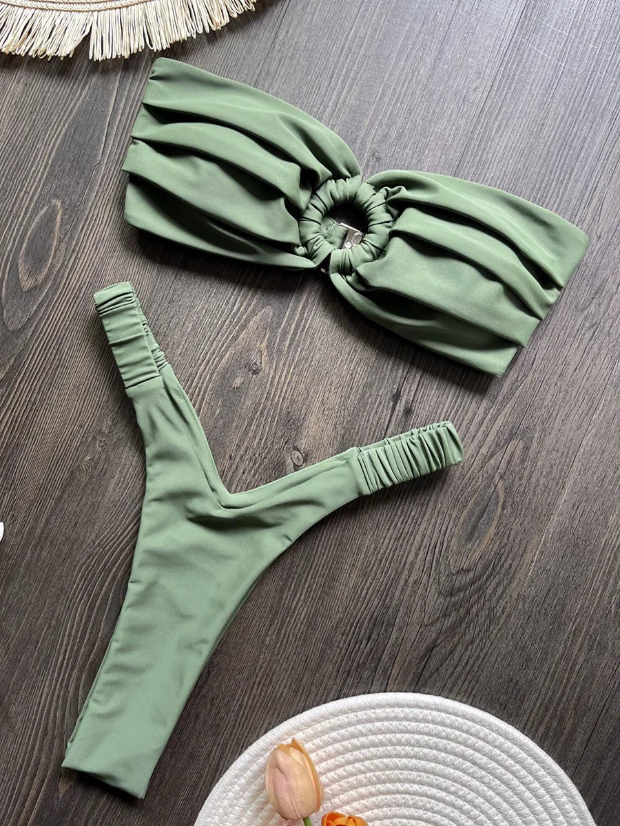 Wrinkled Bandeau High Cut Mini Thong Bikini Female Swimsuit Women Swimwear Two-pieces Bikini Set Bather Bathing Suit Swim Lady