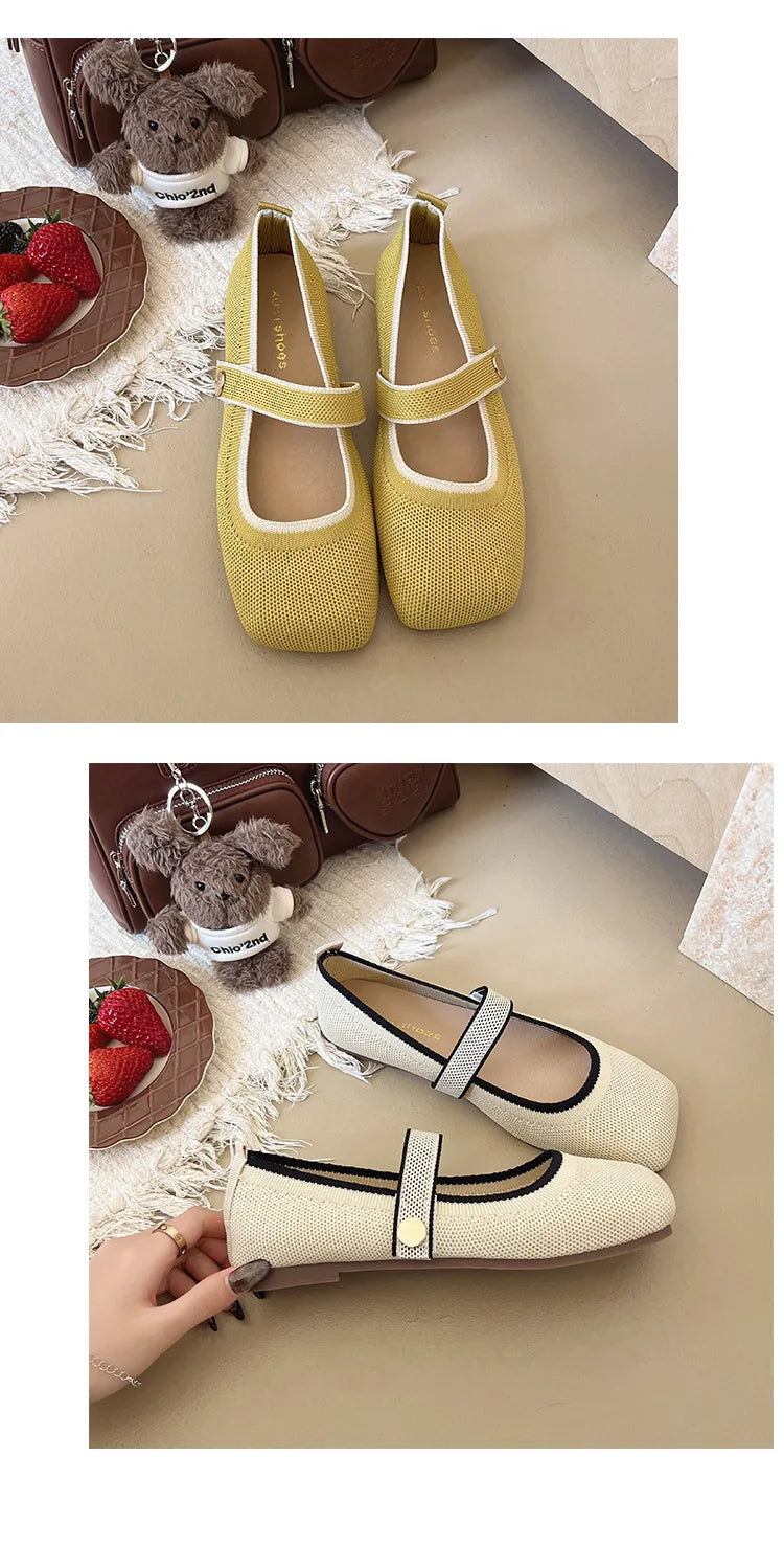 2026 New Mary Jane Shoes Woman Summer Autumn Leisure Flats Breathable Knitted Square Toe Female Daily Walking Driving Flat Shoes