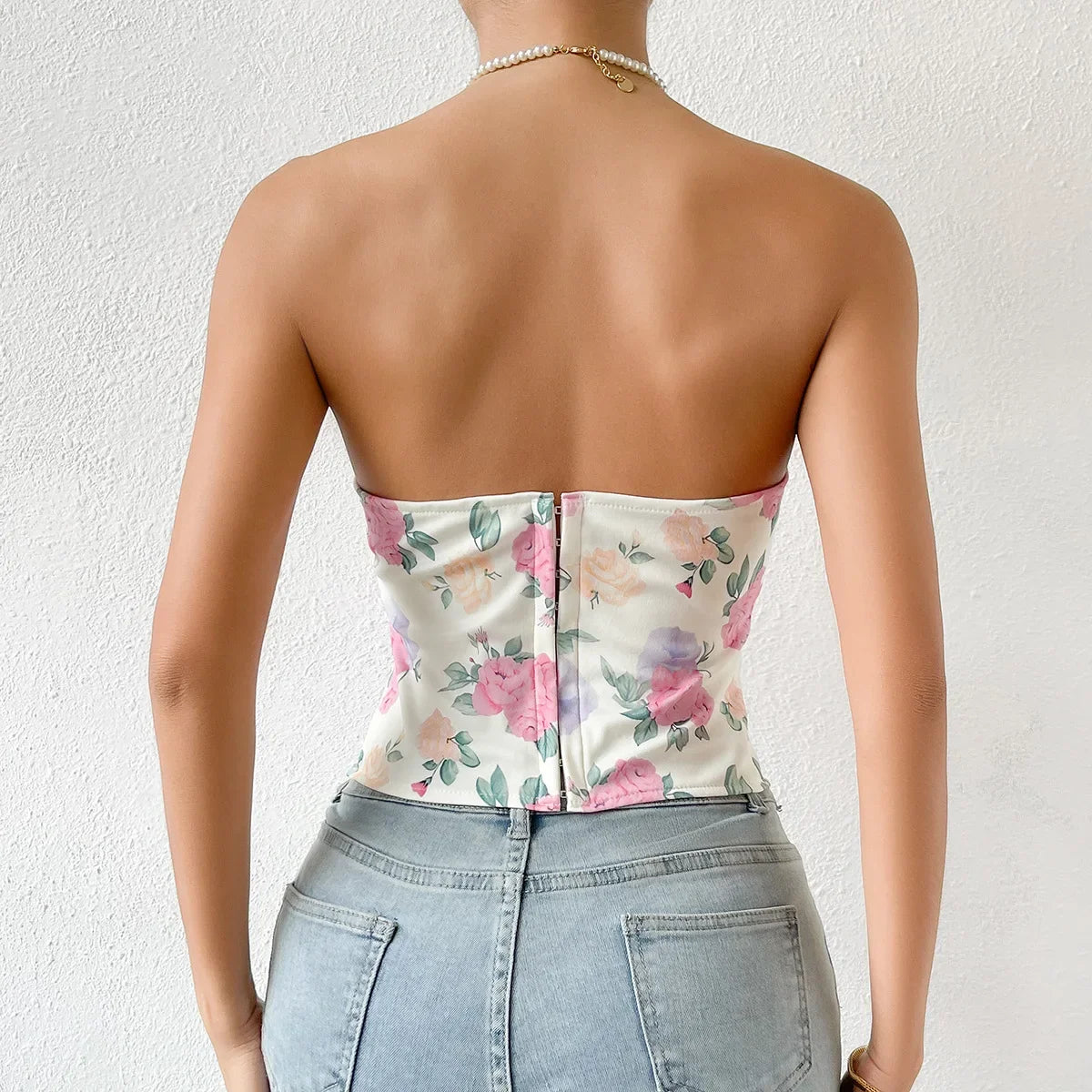 Summer Women Floral Y2K Crop Tops Printed Sleeveless Fishbone Corset Woman Sexy Backless Slim Strapless Streetwear Camisole
