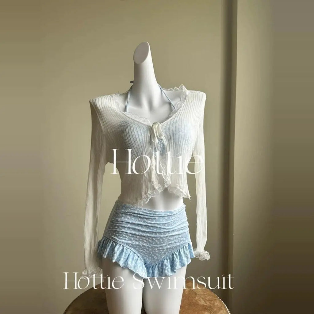 Girls' pure lust style summer bikini three-piece knitted sweater holiday split swimsuit for women