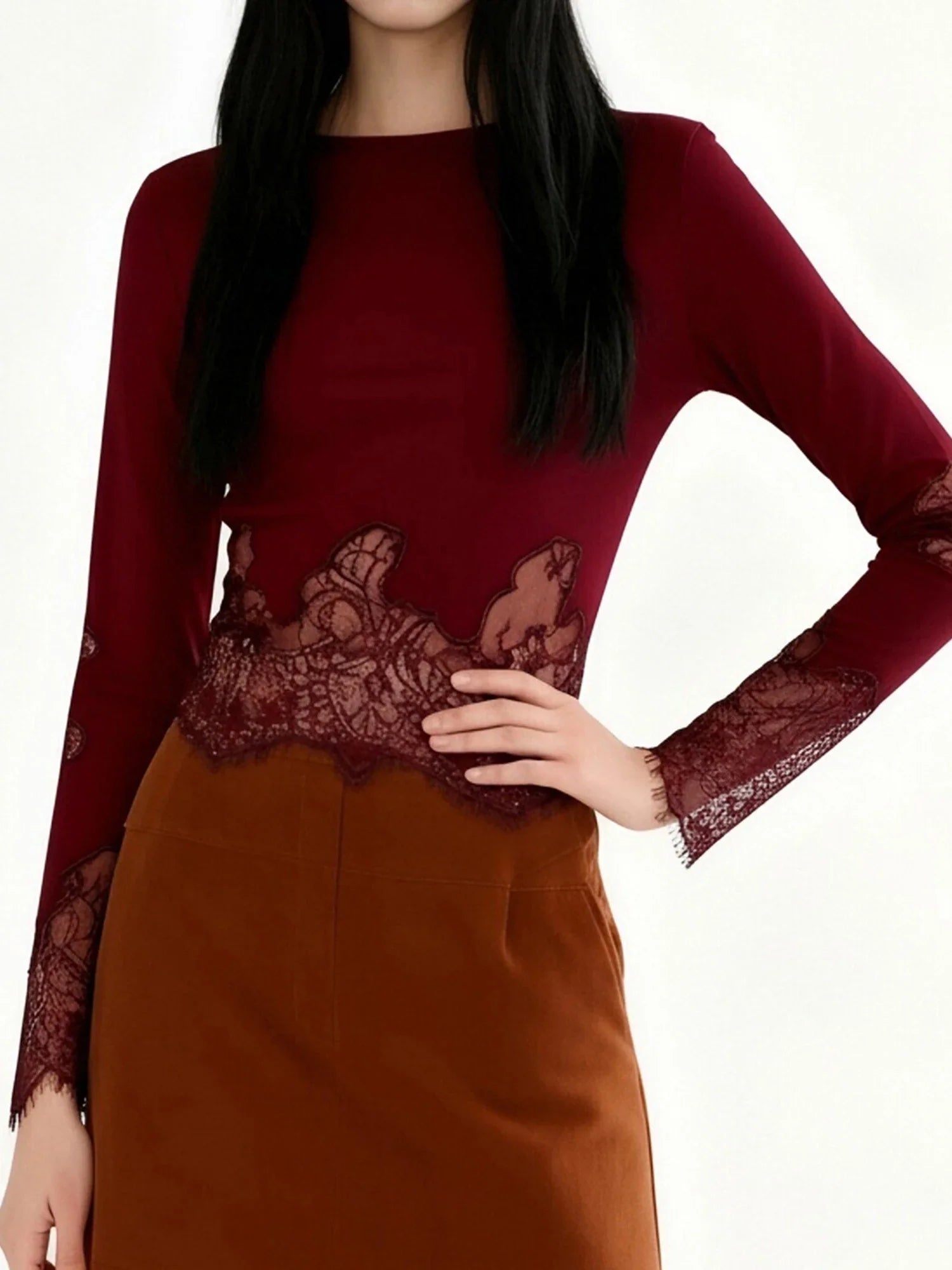 Women's Spring Summer Round Neck Tops Solid Color Long Sleeve Slim Fit Party Lace Patchwork T-shirts