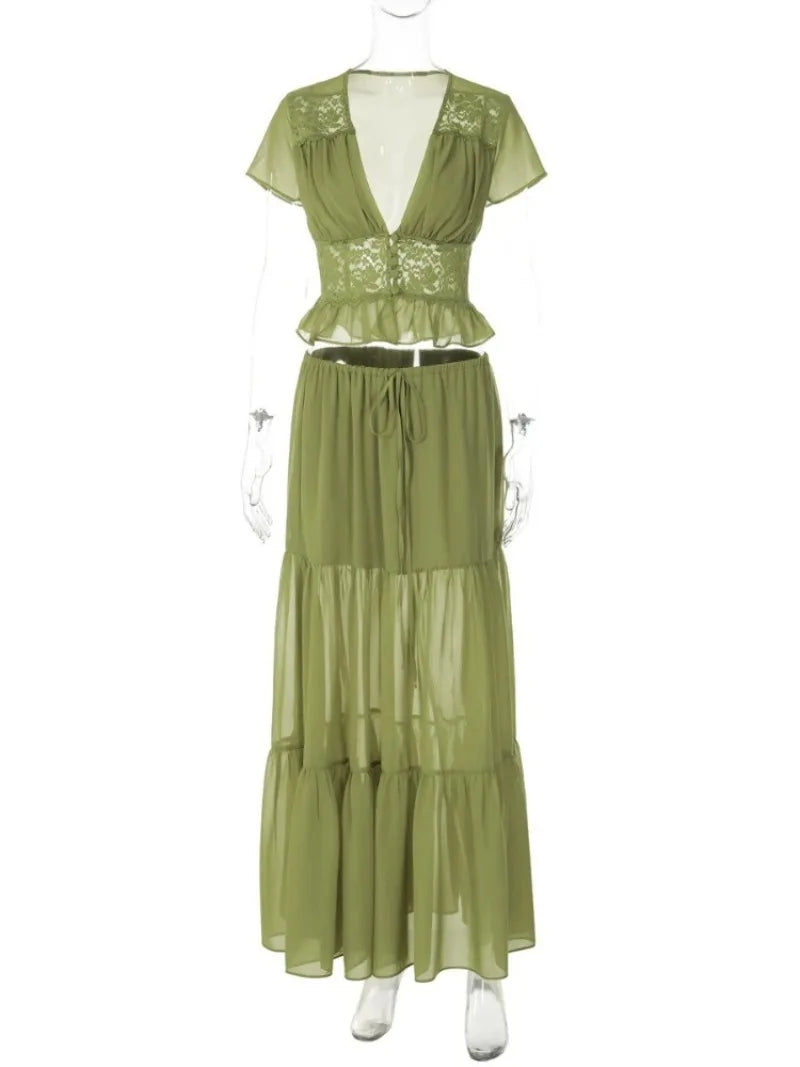 FDYOUI Sexy V-neck Lace Patchwork T-shirt Tops+Long Skirt 2 Piece Set Women's Summer Green Holiday Party Dress Suit Streetwear