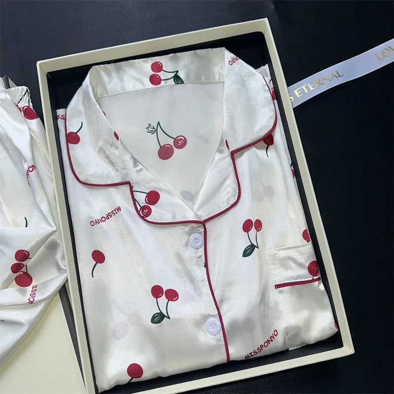 Cherry Print Silk Pajamas Set for Women Summer Short Sleeve Shirt and Shorts Two Pieces Sleepwear Homewear Nightwear