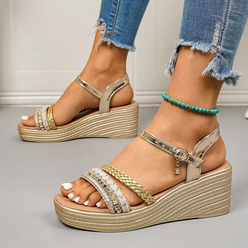 Plus Size 43 Wedge Heels Women's Sandals Summer Woven Ankle Buckle Platform Sandles Women Lightweight Thick Sole Rome Sandalias