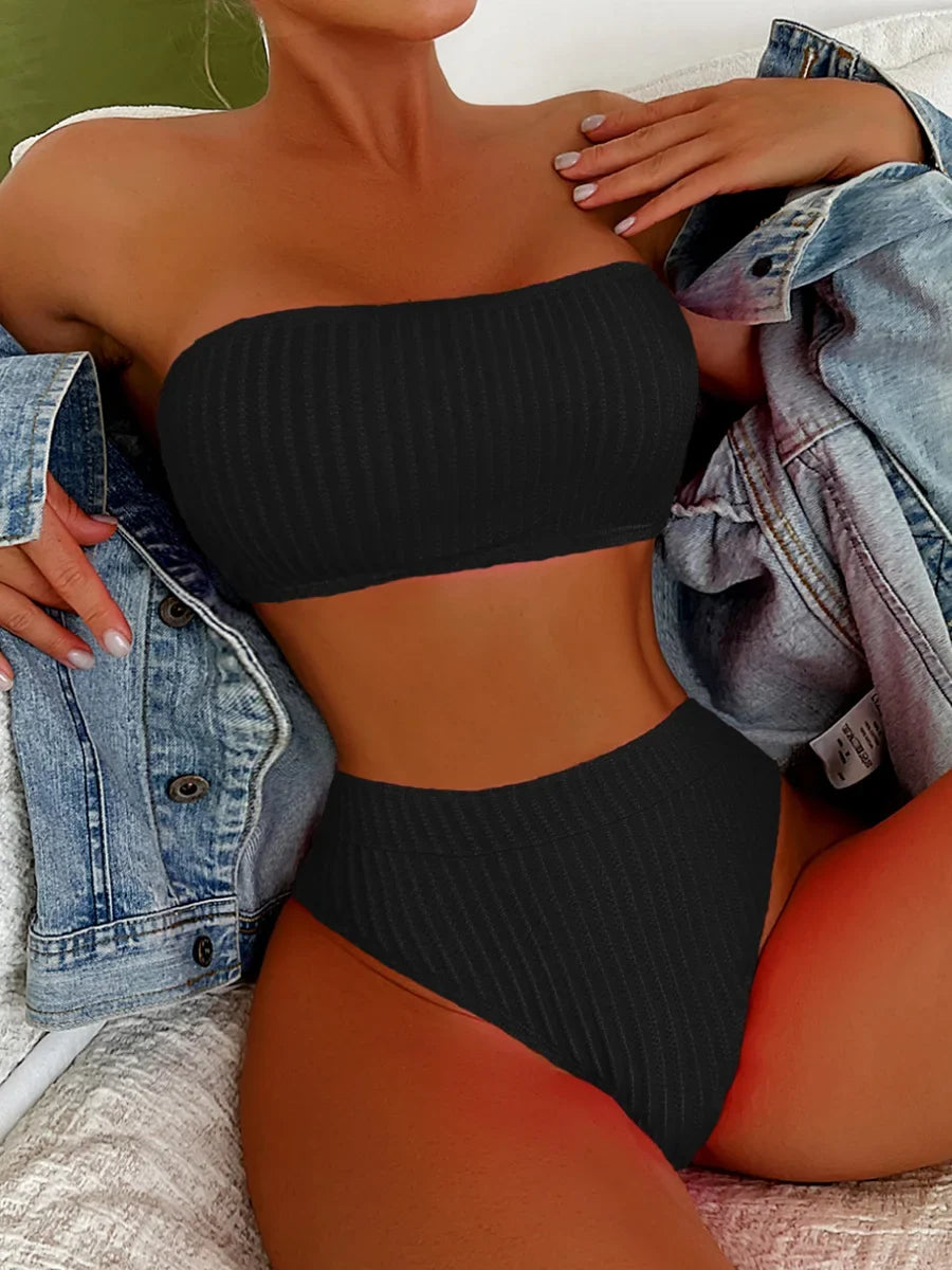 2025 Glitter Sparkling Female Swimsuit High Waist Bikini Women Swimwear Two Pieces Bikini Set Wrinkled Bandeau Bathing Suit Swim