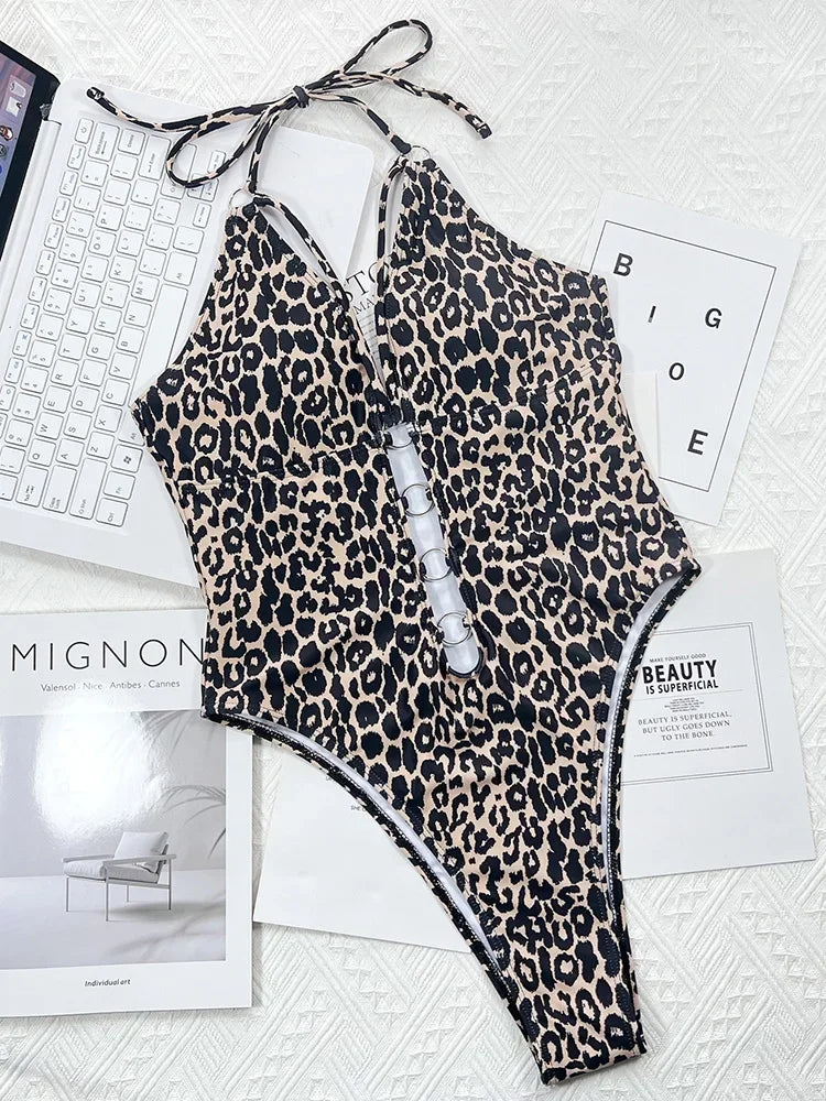 Leopard Halter Metal Rings Women Swimwear One Piece Swimsuit Female High Cut Out Monokini Bather Bathing Suit Swim Beach Wear