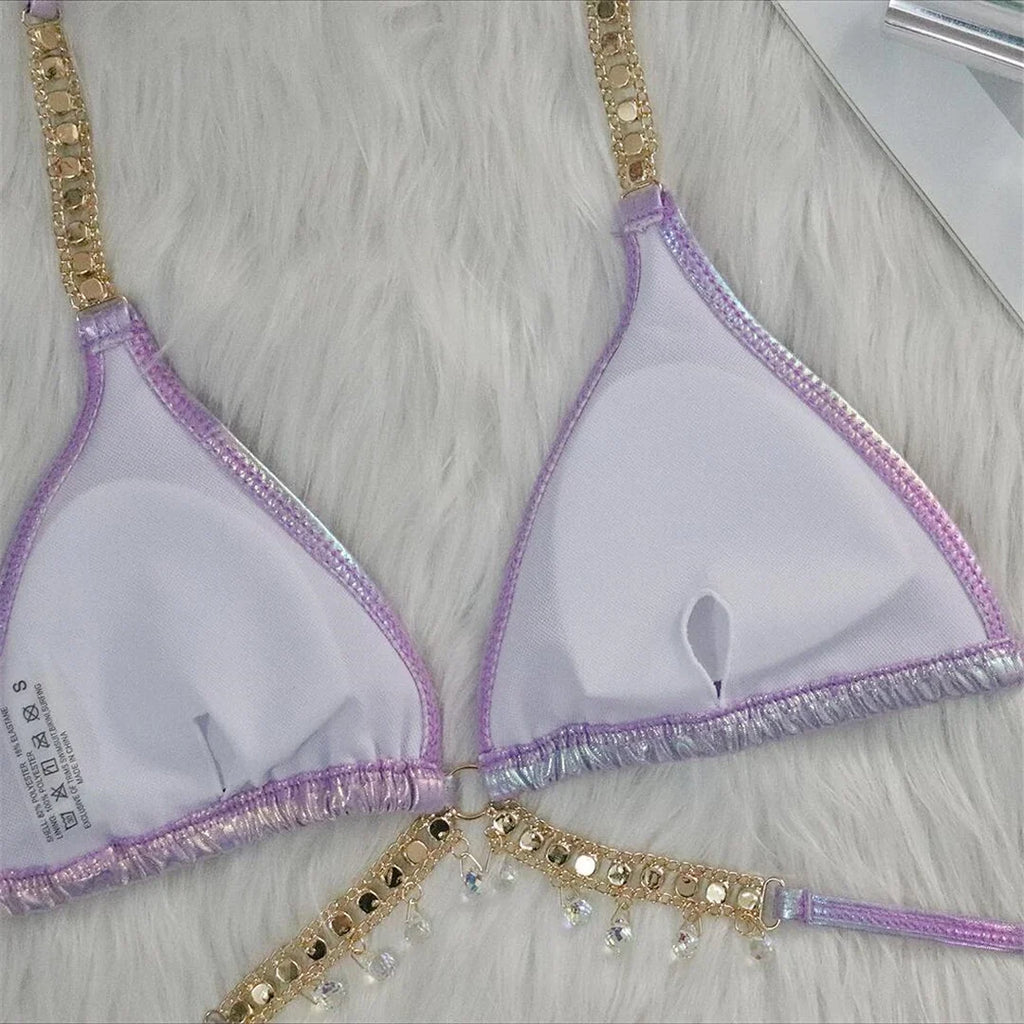 Diamond Rhinestones PU Faux Leather Bikini Female Swimsuit Women Swimwear Two-pieces Bikini Set Bather Bathing Suit Swim V5131