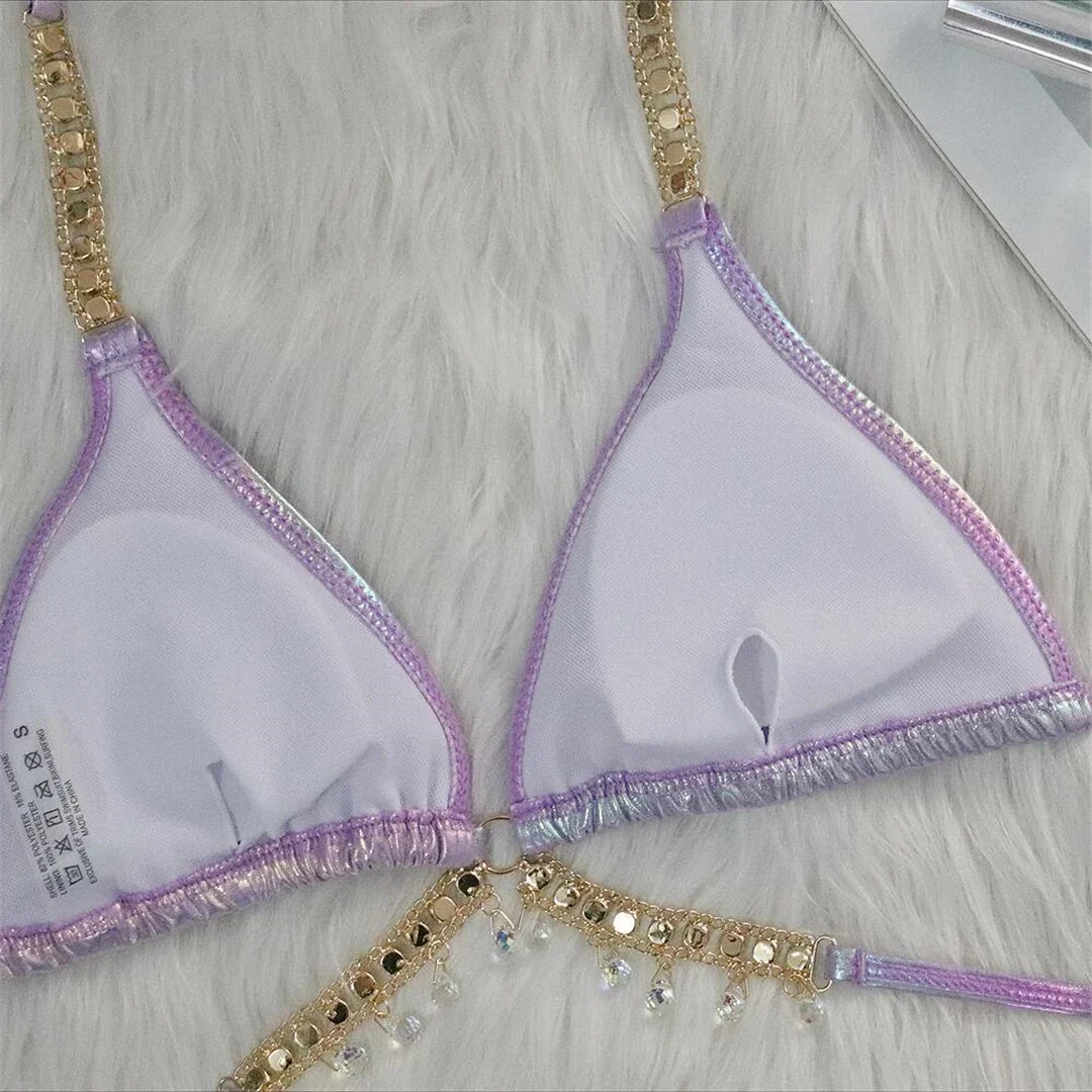 Diamond Rhinestones PU Faux Leather Bikini Female Swimsuit Women Swimwear Two-pieces Bikini Set Bather Bathing Suit Swim V5131