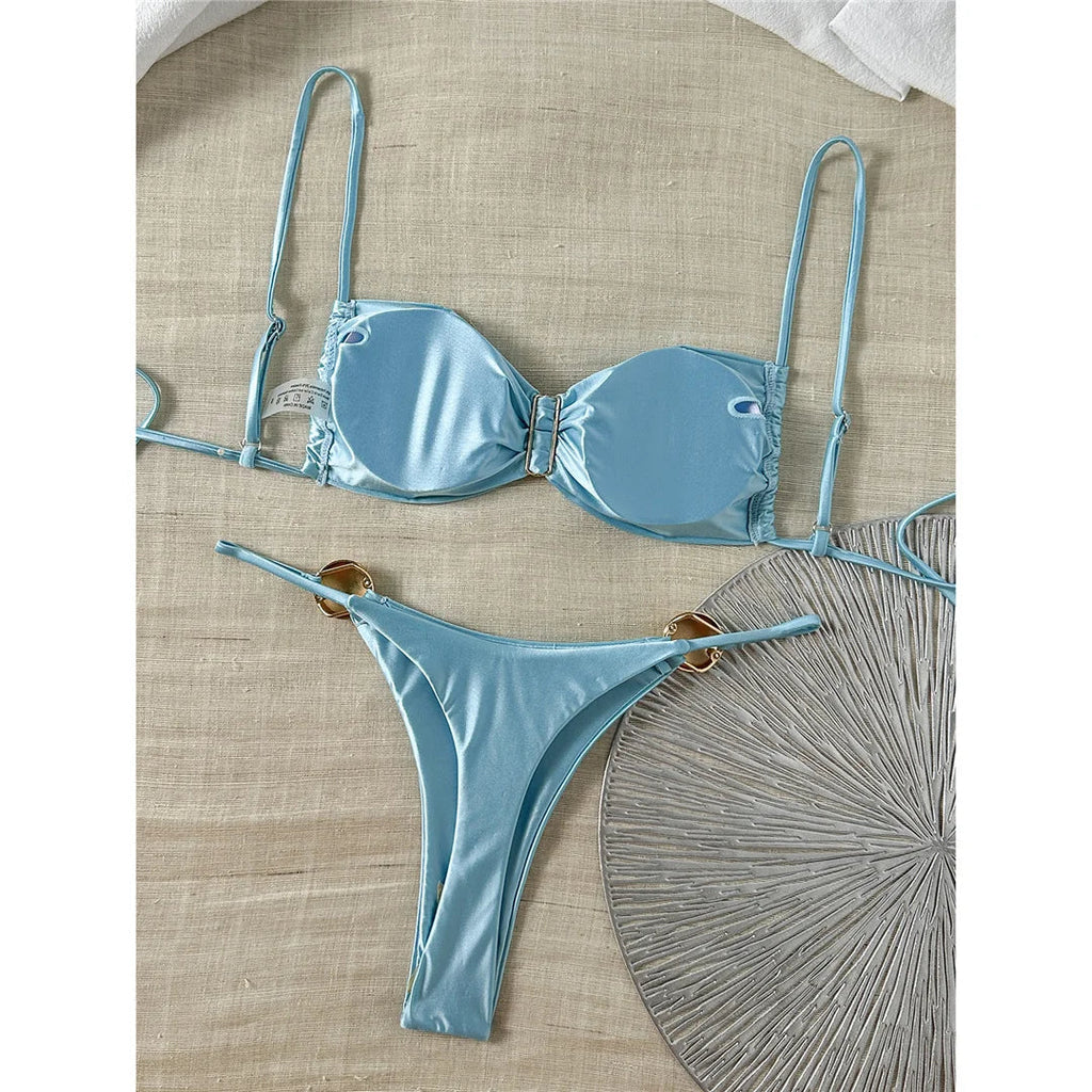 Sexy Metal Ring Bikini Women Swimwear Female Swimsuit Two-Pieces Bikini Set High Cut Leg Padded Bather Bathing Suit Swim V8311