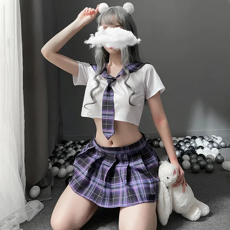 Japanese Sweet Plaid Cheerleading School Girl Cosplay Student Uniform Role Play Sexy Costume Sex Lingerie for Women