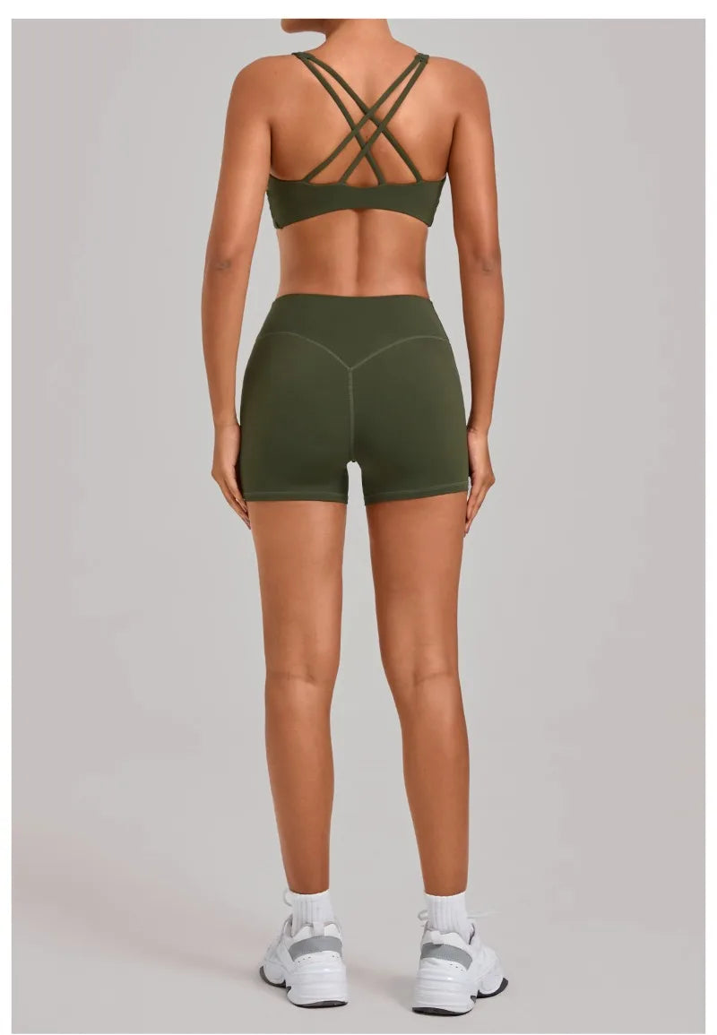 Women's Nude Yoga Sets Sports Cross Beauty Back Bra Hip-lifting Slim Fit Shorts Suits Running Fitness Workout Gym Sets