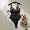Black Sheer Mesh Teddy Bodysuit Women Floral Lace V Neck Ruffle Trim One Piece Lingerie Intimate Body Suit Sleepwear ZA825256