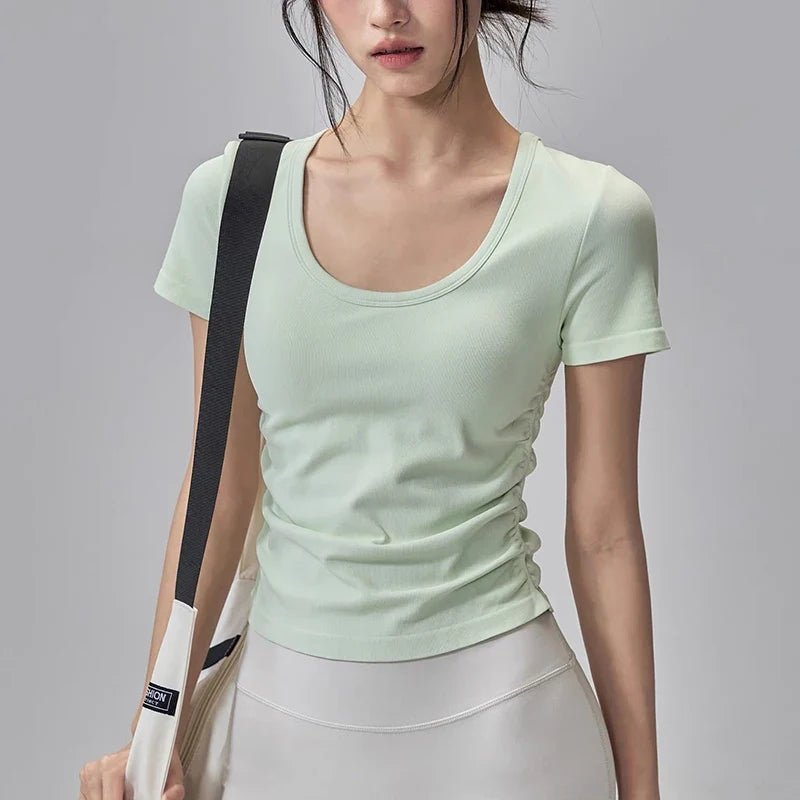 Big round Neck Yoga T-Shirt Short-Sleeved Slimming Sports Top with Fixed Chest Cushion for Running Pilates Summer Stretch