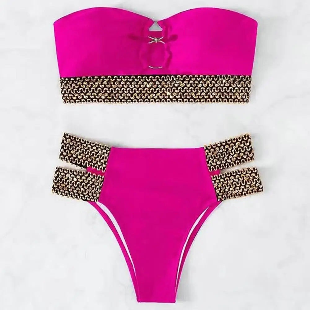 2Pcs/Set Women Bikini Set Ring Connection Off Shoulder Bathing Suit Elastic Waistband Backless High Cut Lady Beach Bikini Suit