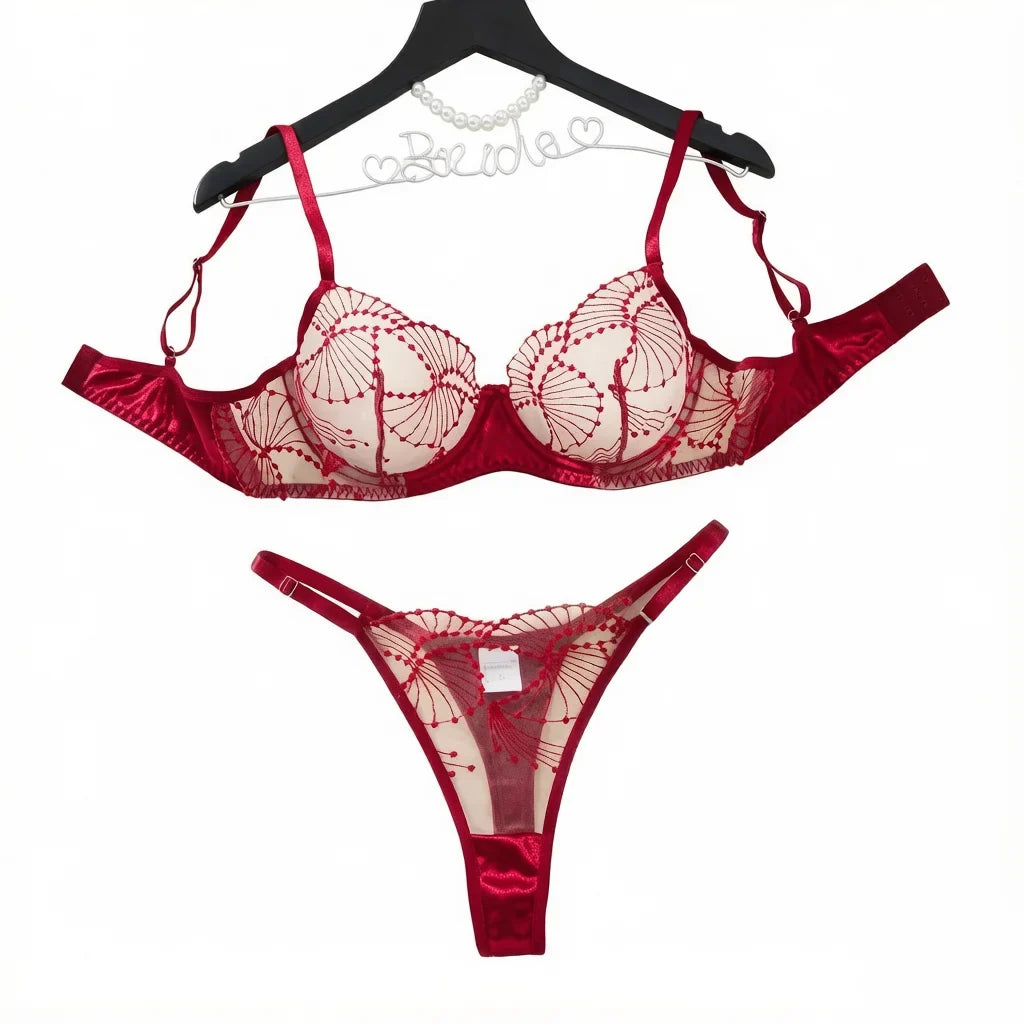 Sexy Red Floral Embroidery Lace Bra Thong Set Women Sheer Mesh Satin Trim 2‑Piece Intimate Lingerie Underwear Sleepwear ZA825287