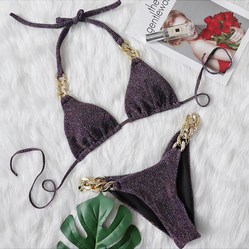 Halter Ribbed Metal Chains Diamond Bikini Women Swimsuit Female Swimwear Two-pieces Bikini Set Bather Bathing Suit Swim Lady
