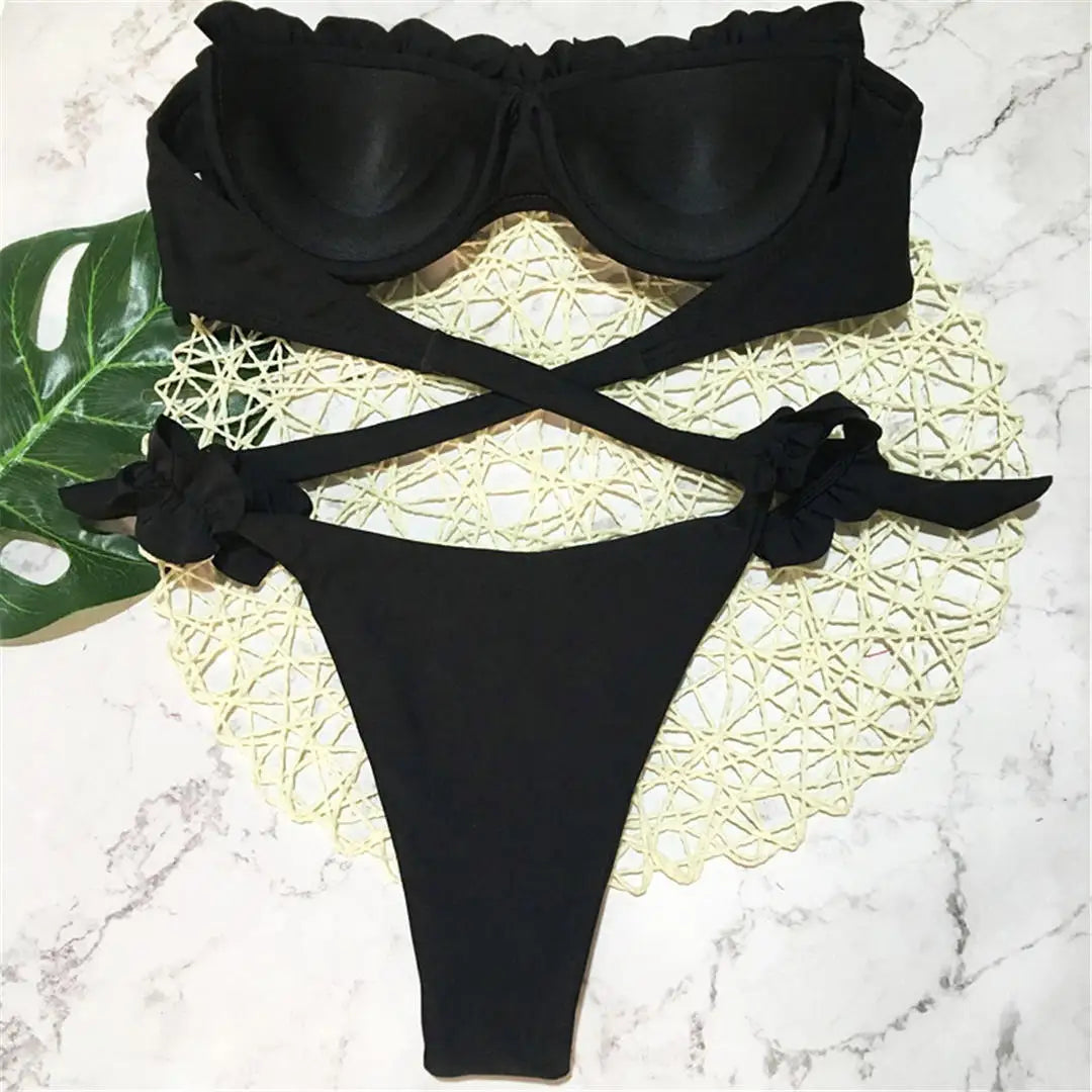 Bandeau Bikini Push Up Swimsuit Female Swimwear Women Two-pieces Bikini Set High Leg Cut Bather Ruffled Bathing Suit Swim V1562