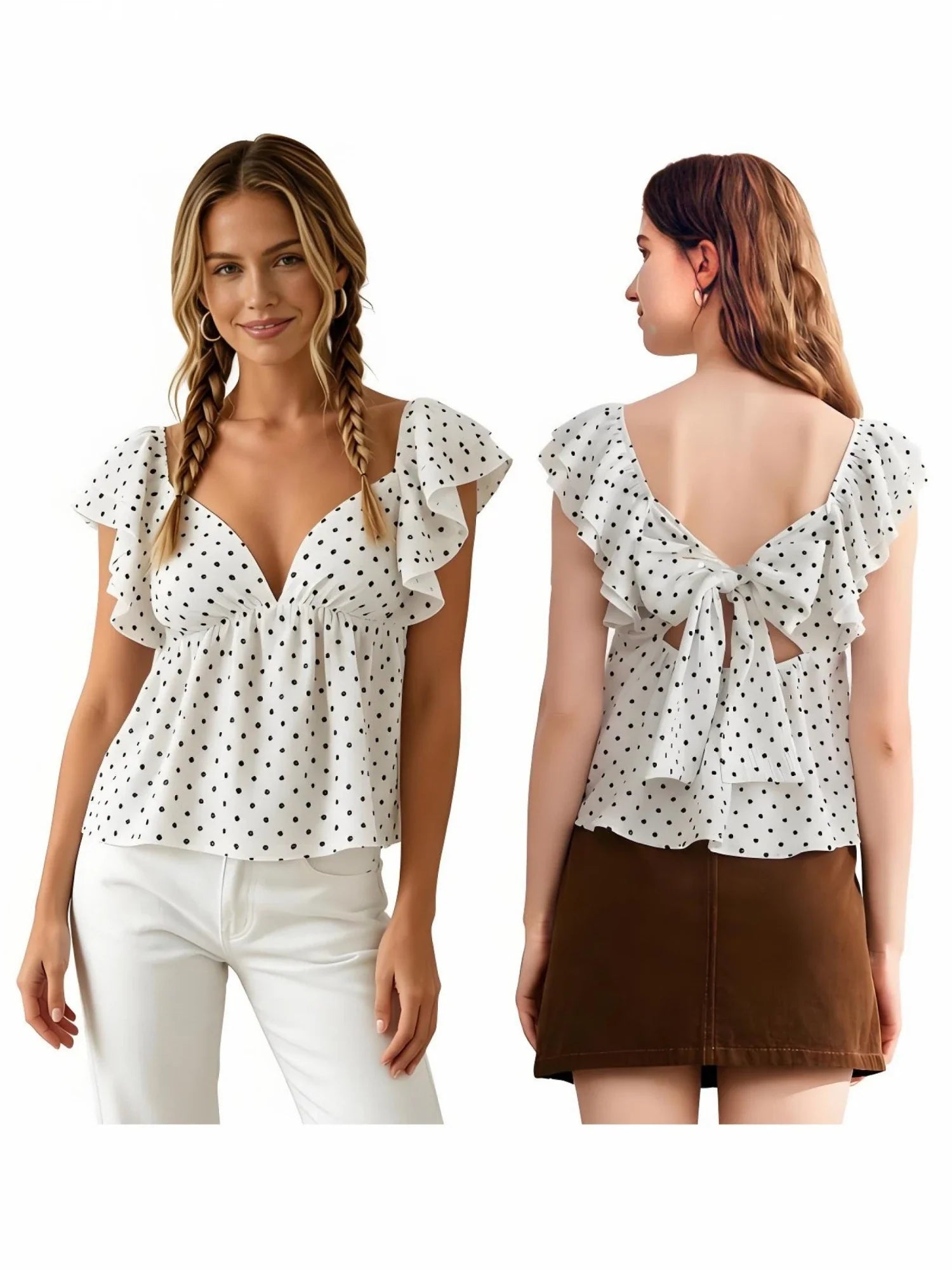 Women's Summer Tiered Cap Sleeve Crop Tops Dot Print V-Neck Cute Back Bow Babydoll Tee