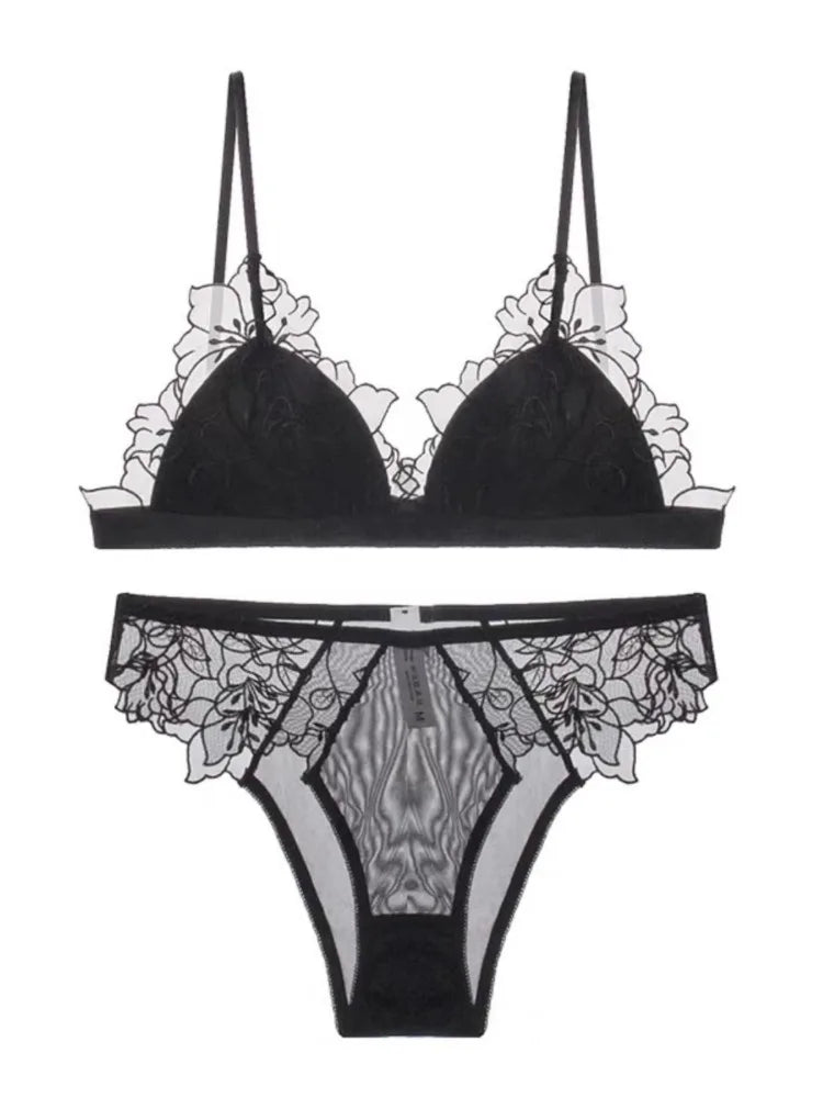 MOYISU French Style Sexy Embroidered Lace Bra Set - No Underwire Triangle Cup Small Breasts Underwear for Big Breasts Women