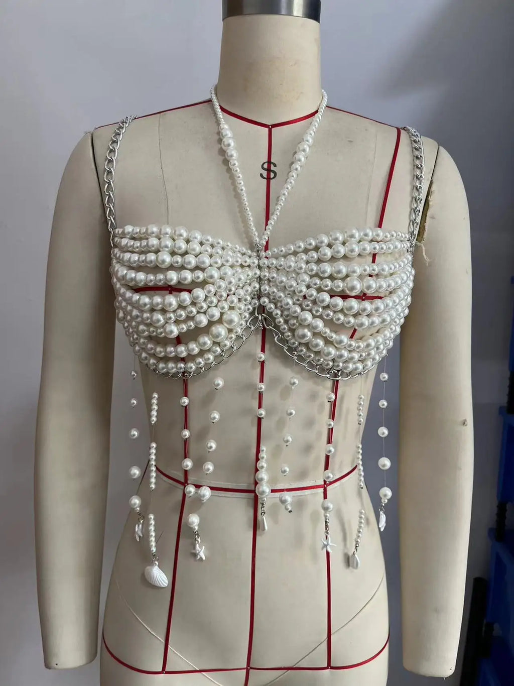 Sexy Women Chain Bras Tops Elegant Pearls Body Jewelry Tasseled Party Clubwear for Summer Vacation Beachwear