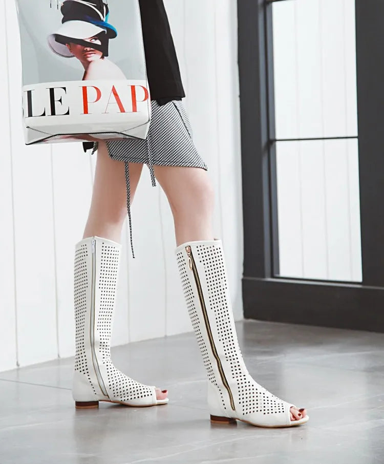 NASBAVI Fashion Women Flats Knee High Summer Boots Peep Toe Square Heels Fretwork Party Shoes Retro Rome Sexy Ladies Footwear