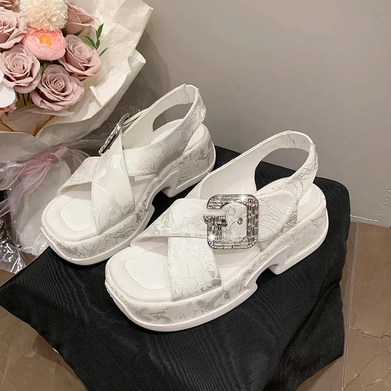 Fashion Crystal Buckle Platform Sandals Women Pink Embroidery Thick Heels Sandalias Mujer Comfortable Heightened Rome Sandals