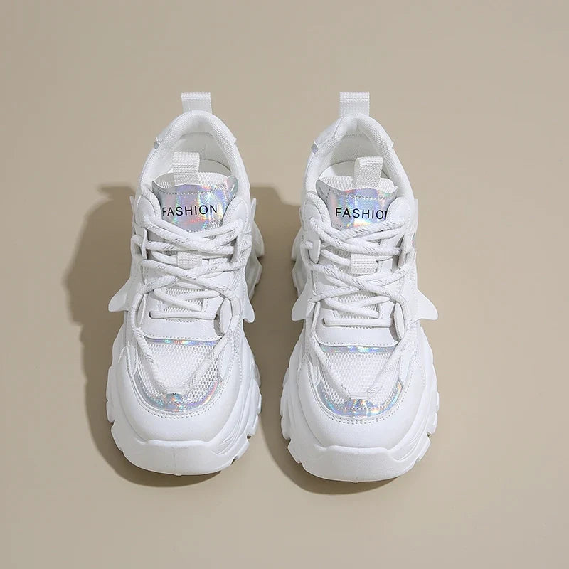 Breathable Chunky White Sneakers for Women Fashion Laser Thick Bottom Vulcanize Shoes Woman 2025 Lace Up Platform Running Shoes