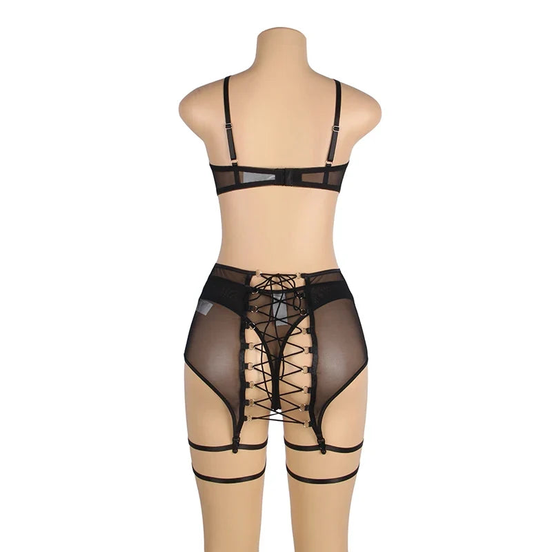 Plus Size Sensual Lingere Exotic Bandage Bra Garter Briefs Sets Transparent Intimate Hard Woman Luxury Fancy Underwear Bra Set