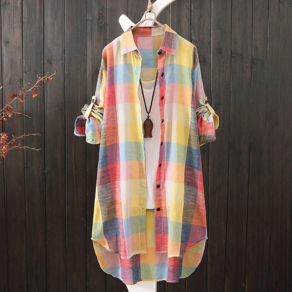 Long Sleeve Lapel Oversized Shirts Women Shirt Plaid Print Irregular Hem Single-breasted Soft Breathable Lady Long Top