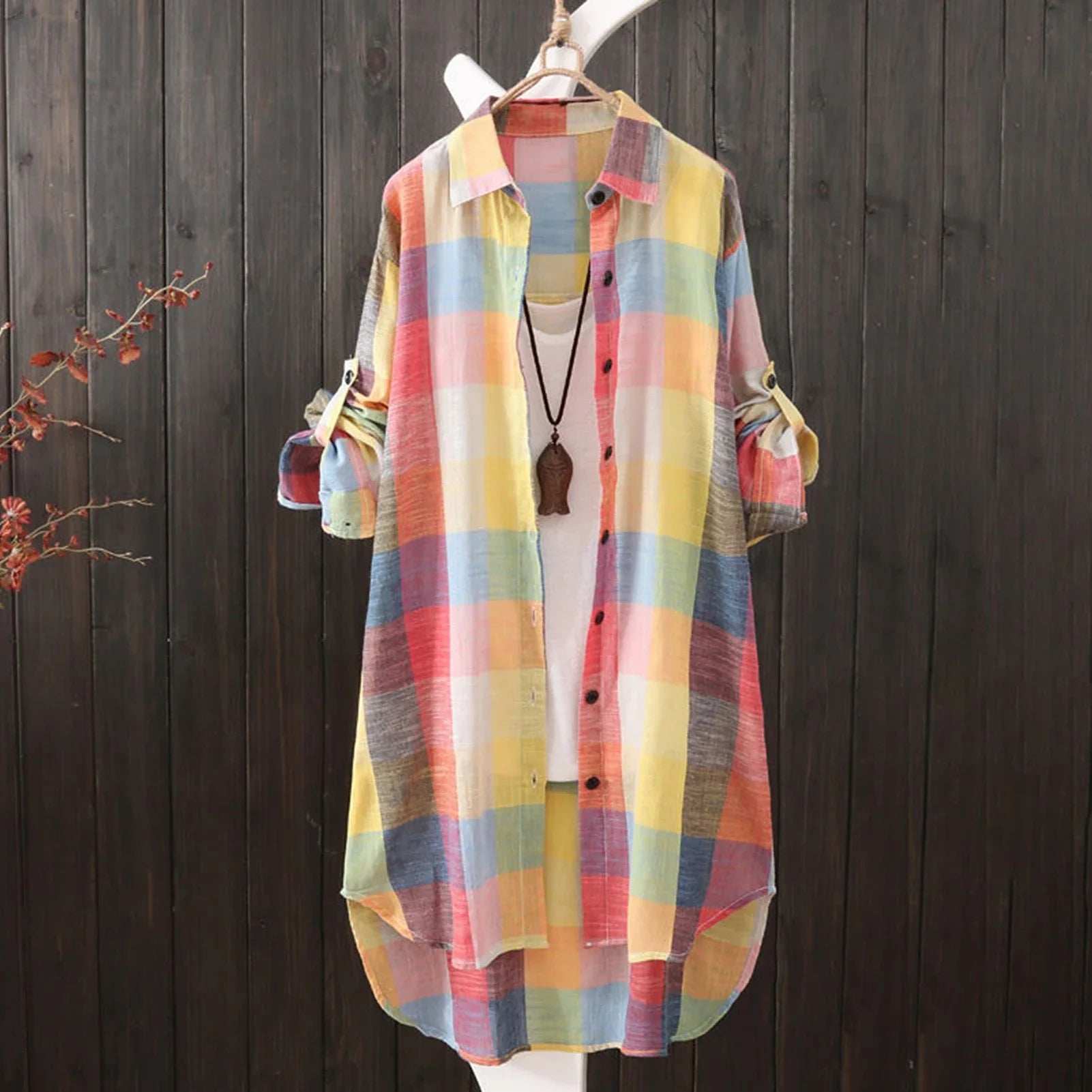 Long Sleeve Lapel Oversized Shirts Women Shirt Plaid Print Irregular Hem Single-breasted Soft Breathable Lady Long Top