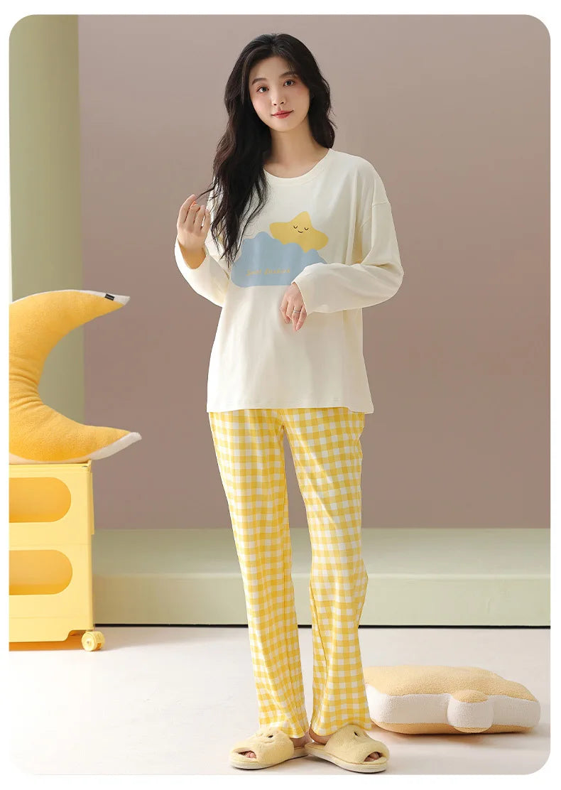 Pure cotton pajamas for women, long-sleeved trousers, can be worn outside, pure cotton home clothes, Class A antibacterial 100%