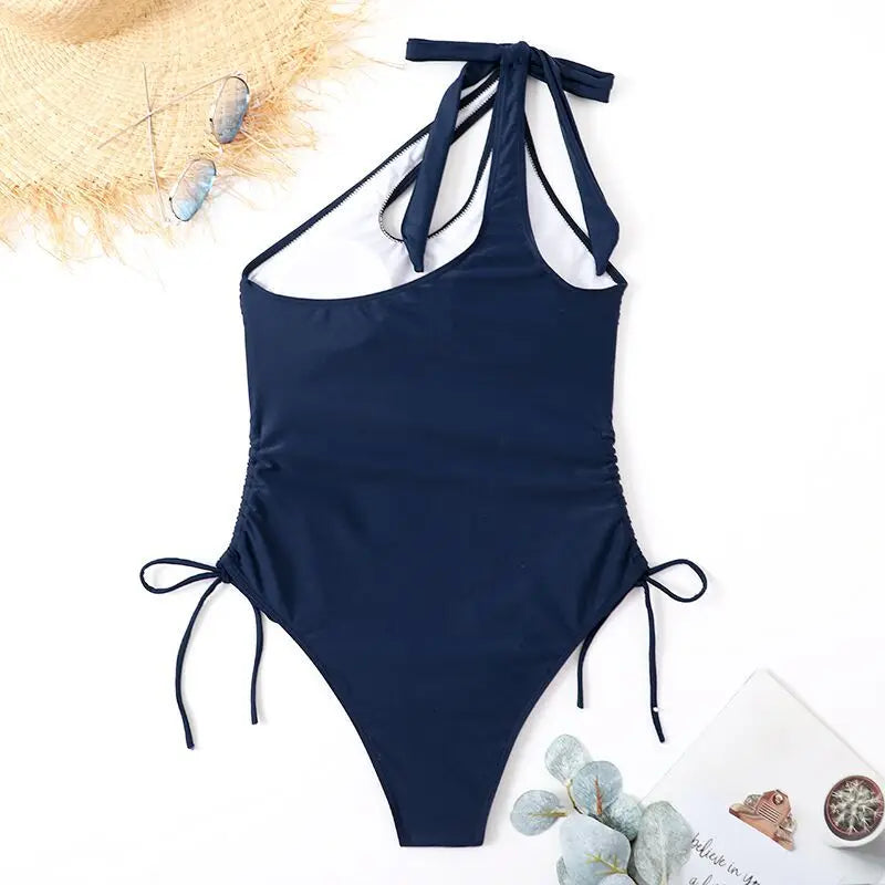2026 One Piece Swimsuit Solid Swimwear Women One Shoulder String Bathing Suit Female Monokini Swimming Summer Beachwear Bodysuit