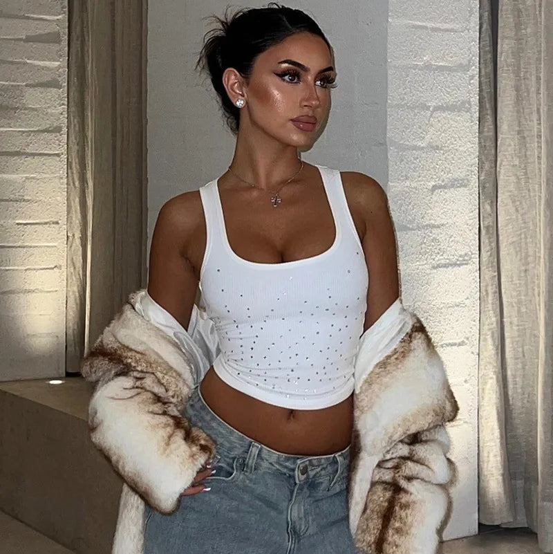 Woman Beading Rhinestones Tank Tops White Black Summer Sleeveless Corset T-shirt 2026 Casual Square Collar Crop Top Streetwear