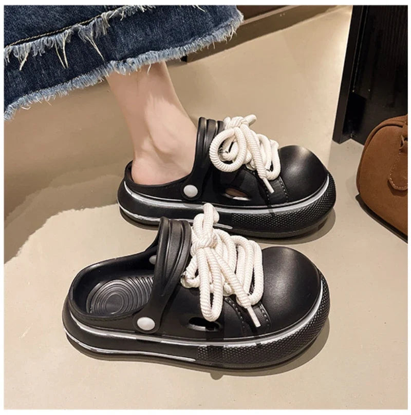 2025 DIY Laceup Platform Slippers For Women Home Street Garden Shoes Thick Sole Fashion Clogs Girls Summer Sandals Beach Slides