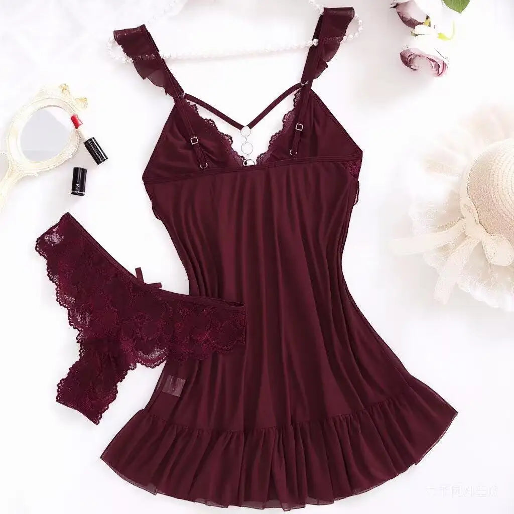 2026 New Red Sexy Lingerie Set Women Deep V Slip Dress Thong Erotic Bra Panty Sets Lace Nightdress Soft Nightgown wedding Pijama