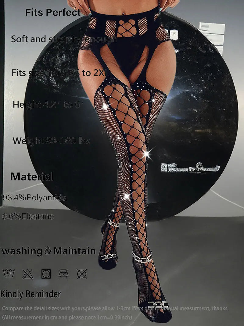 Socks Black Suspenders Sexy Fishnet Open Garter Woman Stockings Hot Crotchless BodyStockings With Diamonds High Waist Knee socks