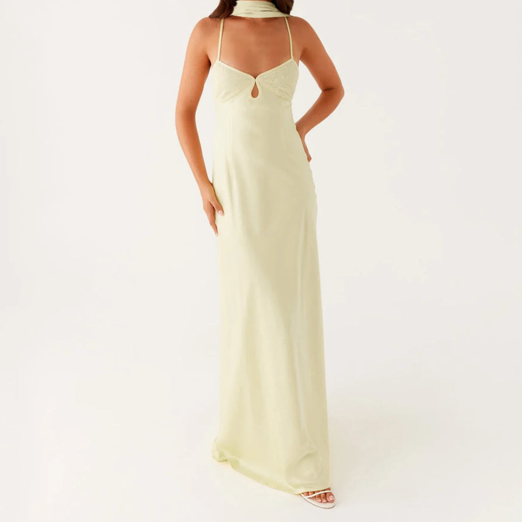Women Solid Color Sexy Back Bandage Party Club Cami Dress Summer Fashion Sleeveless Spaghetti Strap Long Dresses With Scarf