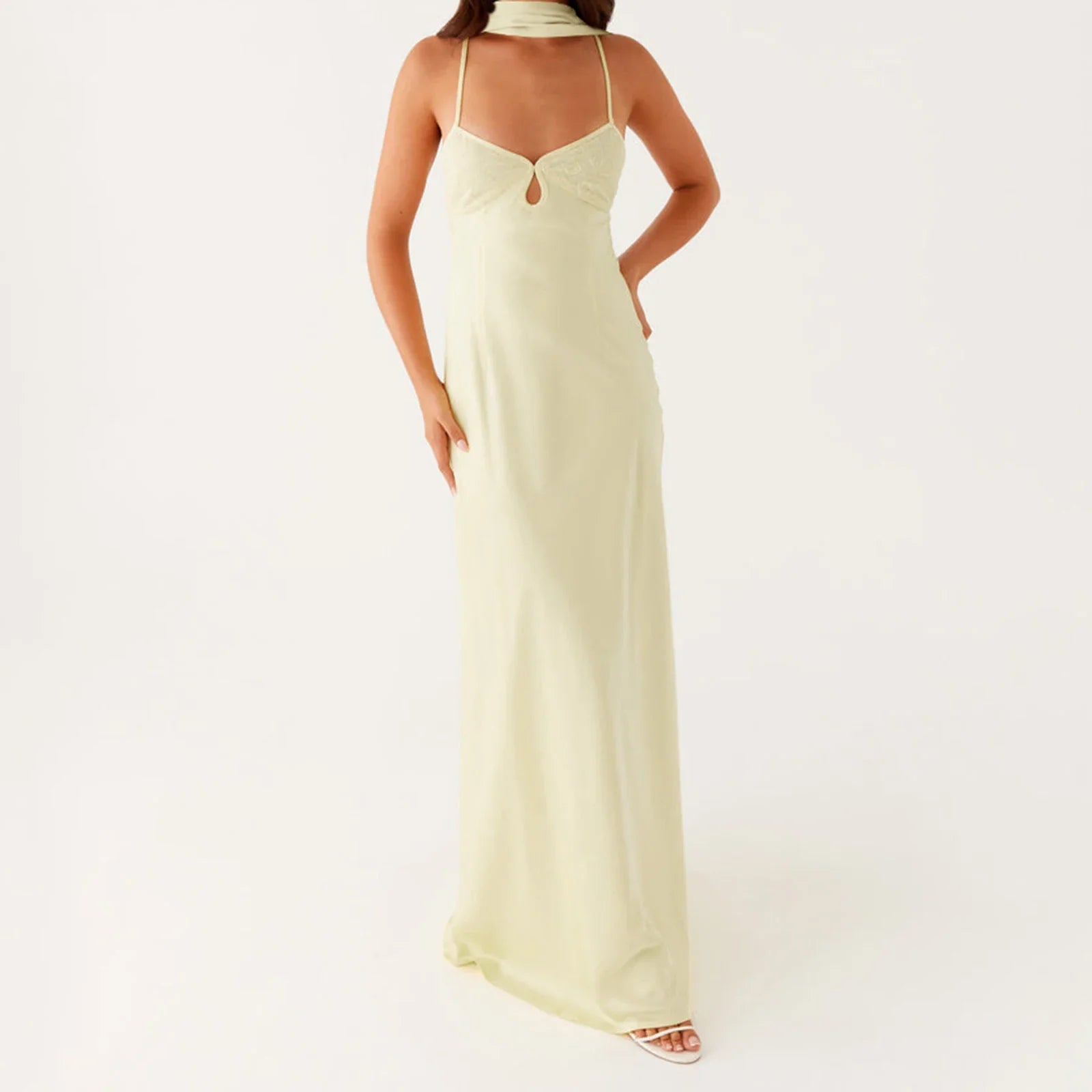 Women Solid Color Sexy Back Bandage Party Club Cami Dress Summer Fashion Sleeveless Spaghetti Strap Long Dresses With Scarf