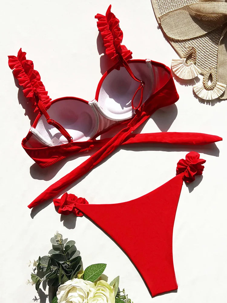 Underwired Bra Cup Ruffled Frill Bikini Women Swimsuit Female Swimwear Two Pieces Bikini Set Push Up Bathing Suit Swim Beachwear